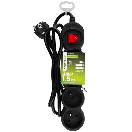 Przedłużacz Sieciowy Kabel z Uziemieniem Listwa Zasilająca 4 Gniazda 1.5m Włącznik ON/OFF Czarny Sznur Lendo Lumiled