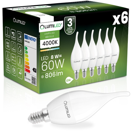 6x Żarówka LED E14 Świeczka BA35 8W = 60W 806lm 4000K Neutralna 180° LUMILED