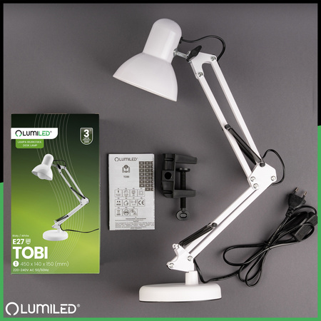Lampka Biurkowa Kreślarska Stołowa E27 TOBI Biała Lumiled + uchwyt na blat