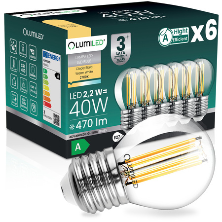 6x Żarówka LED E27 Kulka P45 2,2W 470lm = 40W 2700K Ciepła 360° Filament KLASA A LUMILED