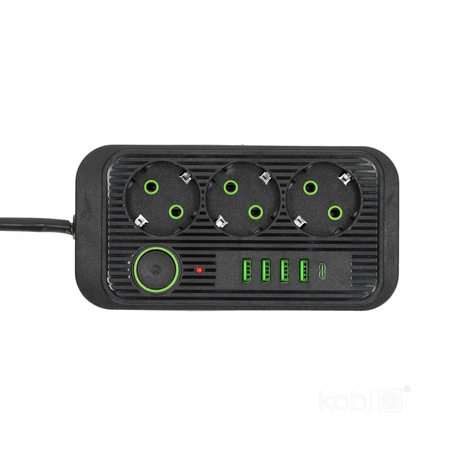 Przedłużacz KOBI LINEA PRO 3x230V 5m Uziemienie Wyłącznik 5xUSB Czarny