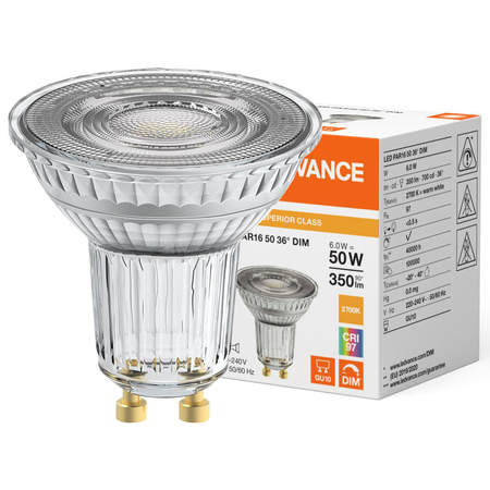 Żarówka LED Reflektor GU10 PAR16 6W = 50W 350lm 2700K Ciepła 36° CRI97 Ściemnialna Ledvance
