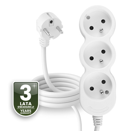Przedłużacz Sieciowy Kabel z Uziemieniem Listwa Zasilająca 3 Gniazda 1.5m Biały Sznur Lendo Lumiled
