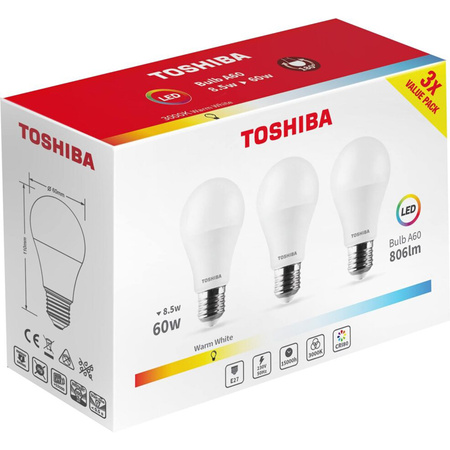 3PAK Żarówka LED E27 A60 8.5W = 60W 806lm 3000K Ciepła TOSHIBA