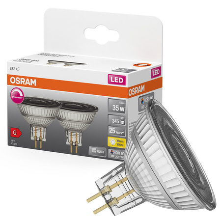 2x Żarówka LED MR16 Reflektor GU5.3 5W = 35W 345lm 2700K Ciepła CRI90 12V 36° Ściemnialna SUPERSTAR Osram