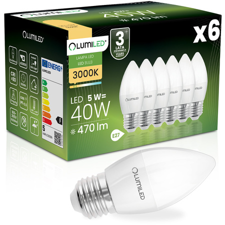 6x Żarówka LED E27 Świeczka B35 5W = 40W 470lm 3000K Ciepła 180° LUMILED