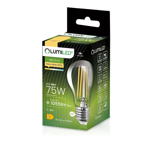 Żarówka LED E27 A60 8W = 75W 1055lm 3000K Ciepła 360° FILAMENT LUMILED