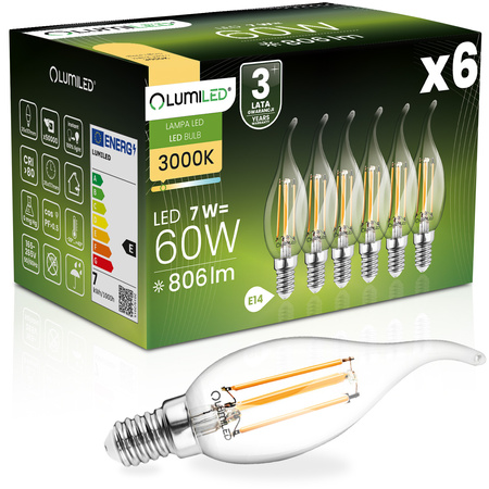 6x Żarówka LED E14 Świeczka BA35 7W = 60W 806lm 3000K Ciepła 360° FILAMENT LUMILED