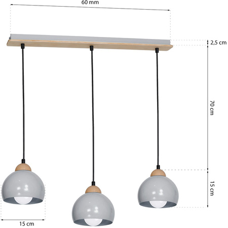 Lampa wisząca w stylu skandynawskim sufitowa szara MiLAGRO DAMA 3x E27 Drewno + metal