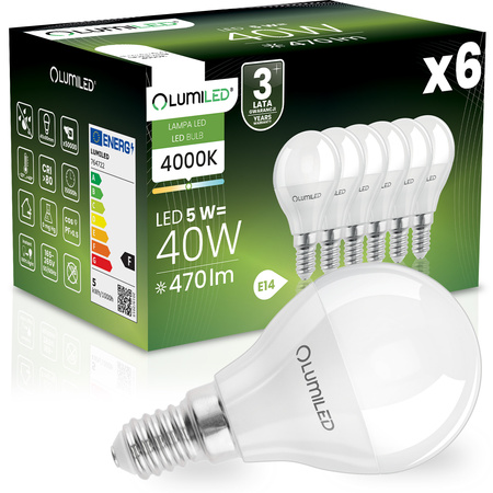 6x Żarówka LED E14 Kulka P45 5W = 40W 470lm 4000K Neutralna 180° LUMILED
