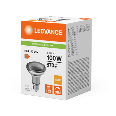 Żarówka LED R80 E27 8.5W = 100W 670lm 2700K Ciepła Biała FILAMENT ŚCIEMNIALNA LEDVANCE