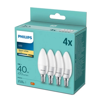 4PAK Żarówka LED E14 B35 4,9W = 40W 470lm 2700K Ciepła Mleczny PHILIPS 