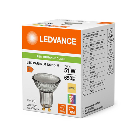 Żarówka LED Reflektor GU10 PAR16 7W = 51W 650lm 3000K Ciepła 120° CRI90 Ściemnialna Ledvance