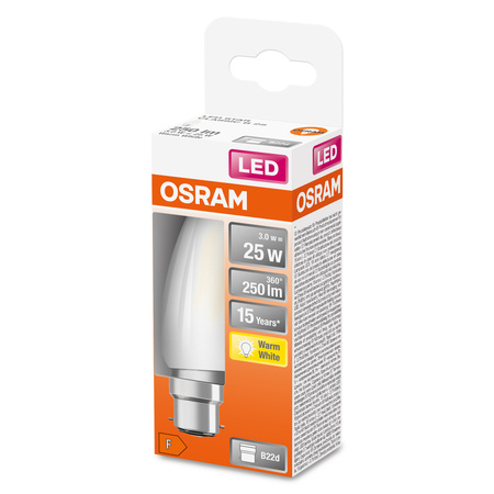 Żarówka LED B35 Świeczka B22d 2.5W = 25W 250lm 2700K Ciepła 300° Retrofit Filament CLASSIC Osram