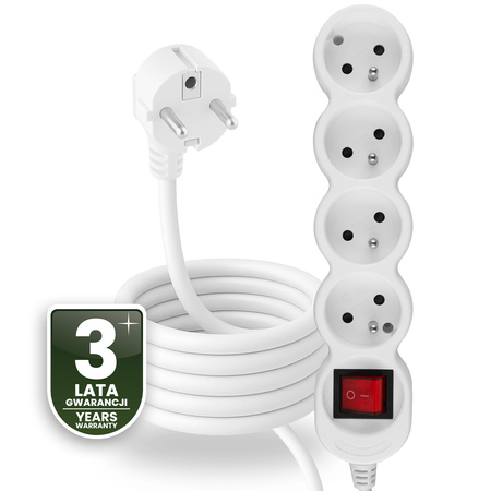 Przedłużacz Sieciowy Kabel z Uziemieniem Listwa Zasilająca 4 Gniazda 3m Włącznik ON/OFF Biały Sznur Lendo Lumiled
