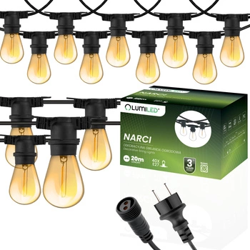 Girlanda Ogrodowa Zewnętrzna Łańcuch Świetlny 20m 20x E27 Żarówki 1,3W 2200K NARCI Lumiled