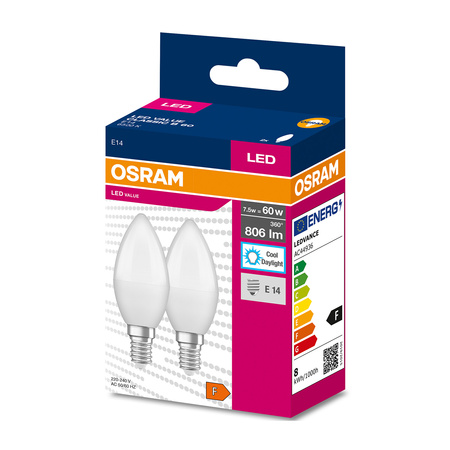 2PAK Żarówka LED E14 B39 7,5W = 60W 806lm 6500K Zimna 220° OSRAM VALUE