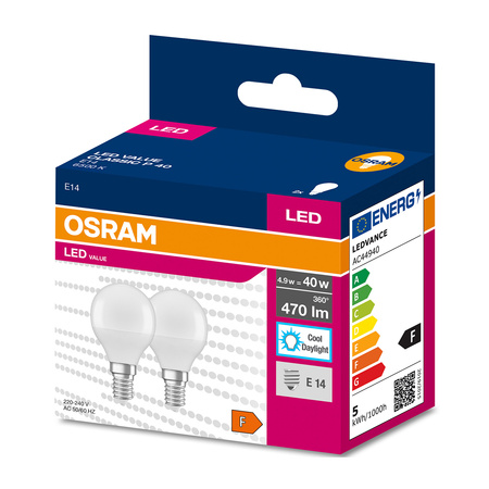 2PAK Żarówka LED E14 P45 4,9W = 40W 470lm 6500K Zimna 200° OSRAM VALUE