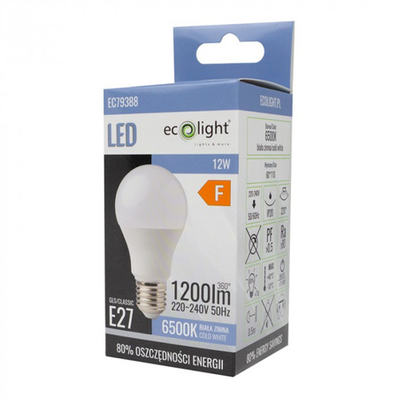 Żarówka LED A60 E27 12W 1080lm 6500K Zimna Ecolight