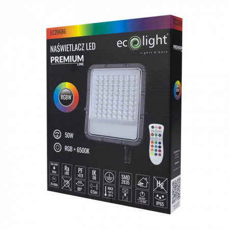 Naświetlacz LED Lampa Reflektor 50W RGB + 6500K Zimna PREMIUM z Pilotem Sterującym Ecolight