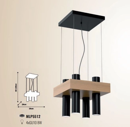 Lampa wisząca sufitowa WEST czarna 4xGU10 MILAGRO kwadrat metal + drewno styl skandynawski