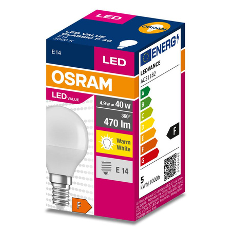 Żarówka LED P45 Kulka E14 4.9W = 40W 470lm 3000K Ciepła 200° VALUE CLASSIC Osram