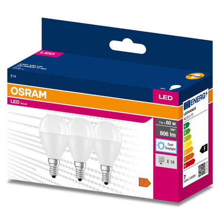 3x Żarówka LED P45 Kulka E14 6.5W = 60W 806lm 6500K Zimna 150° VALUE CLASSIC Osram