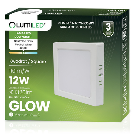 Oprawa Natynkowa Lampa LED Sufitowa 12W Kwadrat 4000K GLOW Biała LUMILED