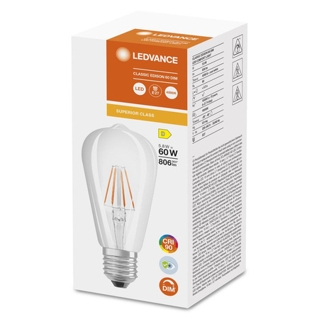 Żarówka LED Edison E27 ST64 5,8W = 60W 806lm 4000K Neutralna 300° CRI90 Filament Ściemnialna LEDVANCE Superior