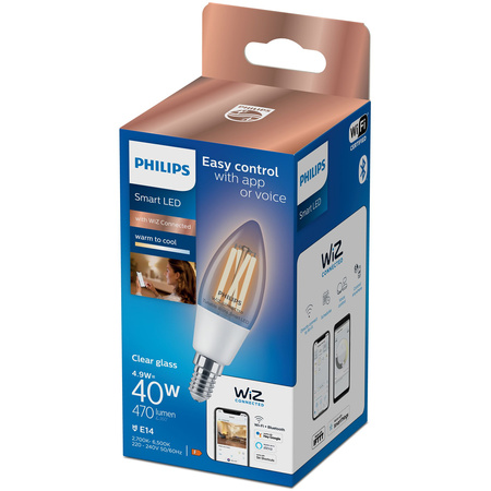 Żarówka LED E14 Świeczka C35 4.9W = 40W 470lm 2700-6500K TW FILAMENT Inteligentna SMART WiFi Bluetooth Aplikacja WiZ Philips