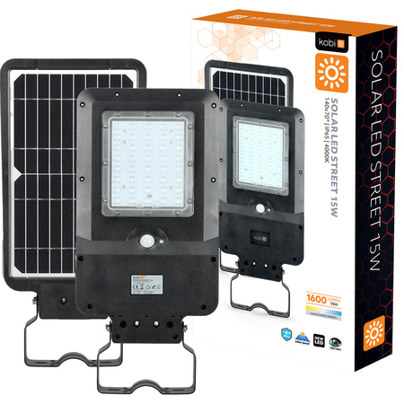Lampa Uliczna Solarna LED Przemysłowa Oprawa Drogowa 15W 1600lm 4000K Neutralna z Czujnikiem Ruchu i Zmierzchu IP65 Czarna Street Kobi