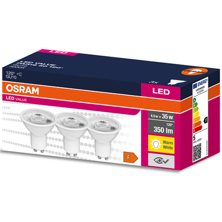 3PAK Żarówka LED GU10 4,5W = 35W 350lm 3000K Ciepła 120° OSRAM Value