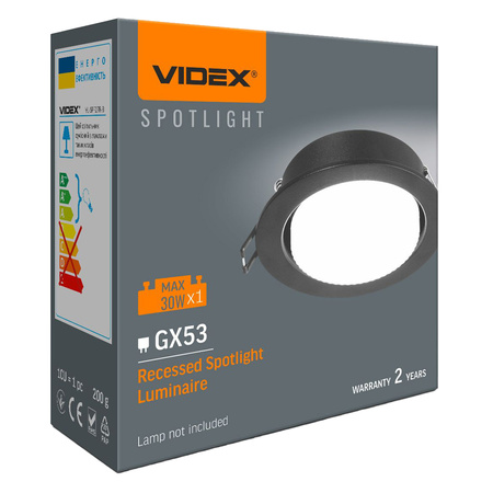 Oprawa Podtynkowa Wpuszczana Punktowa Sufitowa Okrągła GX53 Czarna Videx