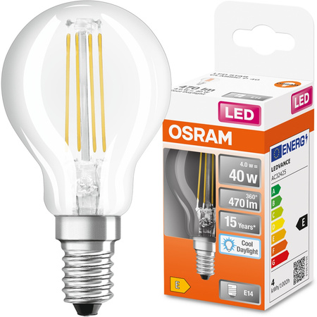 Żarówka LED E14 P45 CL 4W = 40W 470lm 6500K Zimna 300° Filament OSRAM STAR