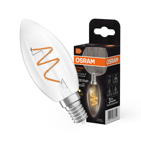 Żarówka LED Dekoracyjna B35 Świeczka E14 3.1W = 28W 300lm 2700K Ciepła CRI90 300° Filament Ściemnialna Vintage 1906 Osram