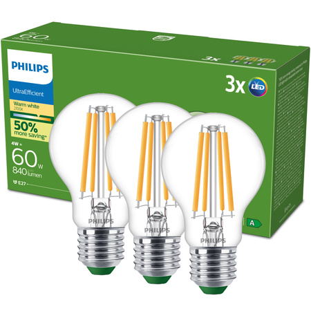 3x Żarówka LED E27 A60 4W = 60W 840lm 210lm/W 2700K Ciepła 300° KLASA A UltraEfficient Philips