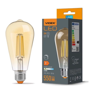 Żarówka LED E27 ST64 Edison 6W = 44W 550lm 2200K Ciepła 360° FILAMENT Bursztynowa Ściemnialna Videx