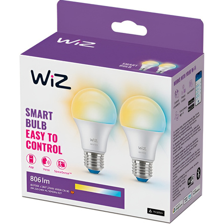 2x Żarówka LED E27 A60 8W = 60W 806lm 2700-6500K TW Inteligentna SMART WiFi Bluetooth Aplikacja WiZ