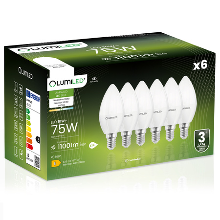 6x Żarówka LED E14 Świeczka B35 10W = 75W 1100lm 4000K Neutralna 180° LUMILED