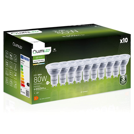 10x Żarówka LED GU10 8W = 80W 650lm 4000K Neutralna 36° Reflektor Ściemnialna