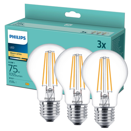 3PAK Żarówka LED E27 A60 8.5W = 75W 1055lm 2700K Ciepła Filament PHILIPS