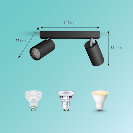 Lampa Sufitowa Reflektor 2x GU10 IP44 Czarna Kosipo Philips