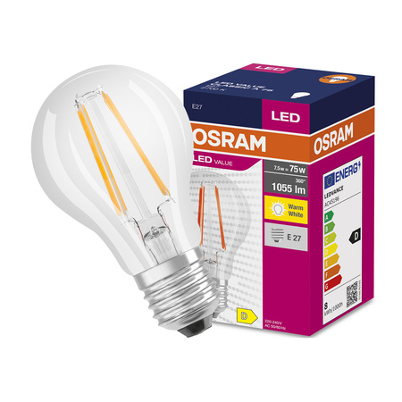 Żarówka LED E27 A60 8W = 75W 1055lm 2700K Ciepła 300° Filament OSRAM