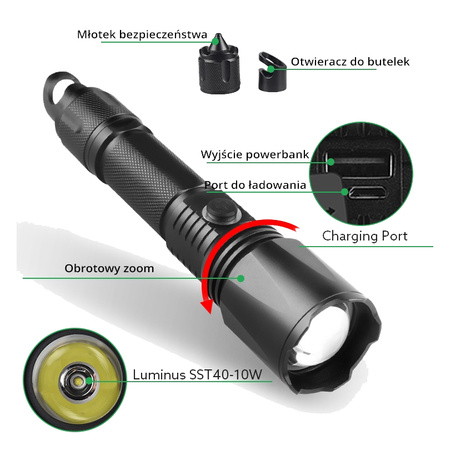 Latarka Taktyczna Akumulatorowa DIODA T6 LED 900LM Obrotowy ZOOM 5 TRYBÓW IPX3 LB0109 LIBOX