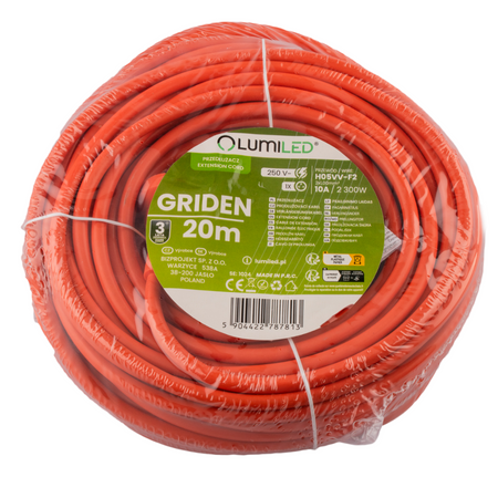Przedłużacz Ogrodowy Kabel Budowlany Pojedynczy 1 Gniazdo 20m Pomarańczowy Sznur GRIDEN Lumiled