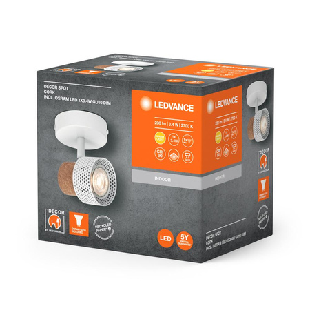 Lampa LED Ścienna Sufitowa Kinkiet Oprawa Natynkowa 3.4W 230lm 3000K Ciepła Ściemnialna Dekoracyjna Biały Spot Cork Ledvance