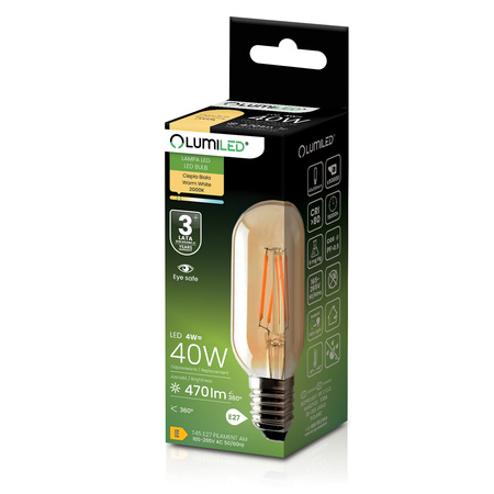 6x Żarówka LED E27 T45 4W = 40W 470LM 2000K Ciepła 360° Filament Amber LUMILED