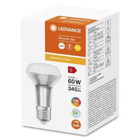 Żarówka LED Reflektor E27 R63 4.8W = 60W 345lm 2700K Ciepła 36° CRI90 Ściemnialna Ledvance