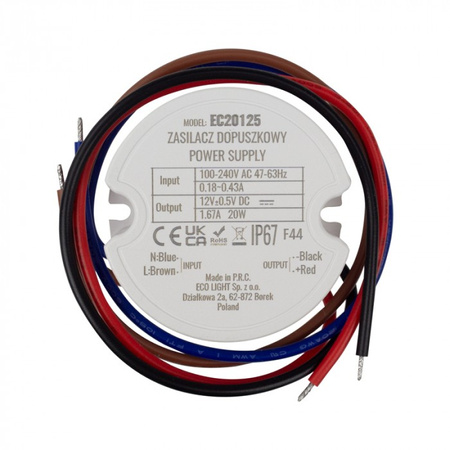 Zasilacz dopuszkowy FI60 do Taśm LED 20W 12V 1.67A Hermetyczny IP67 Ecolight