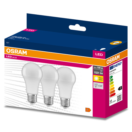 3x Żarówka LED A60 E27 13W = 100W 1521lm 2700K Ciepła 200° VALUE CLASSIC Osram